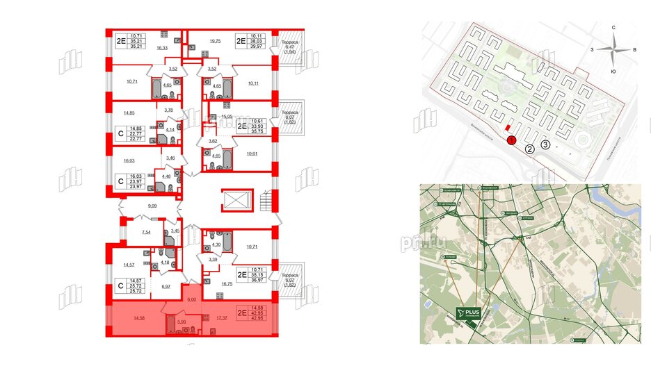 Квартира в ЖК Plus Пулковский, 1 комнатная, 42.95 м², 1 этаж