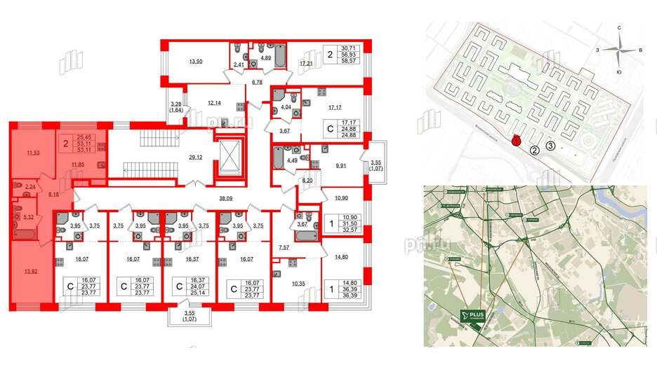 Квартира в ЖК Plus Пулковский, 2 комнатная, 53.11 м², 2 этаж