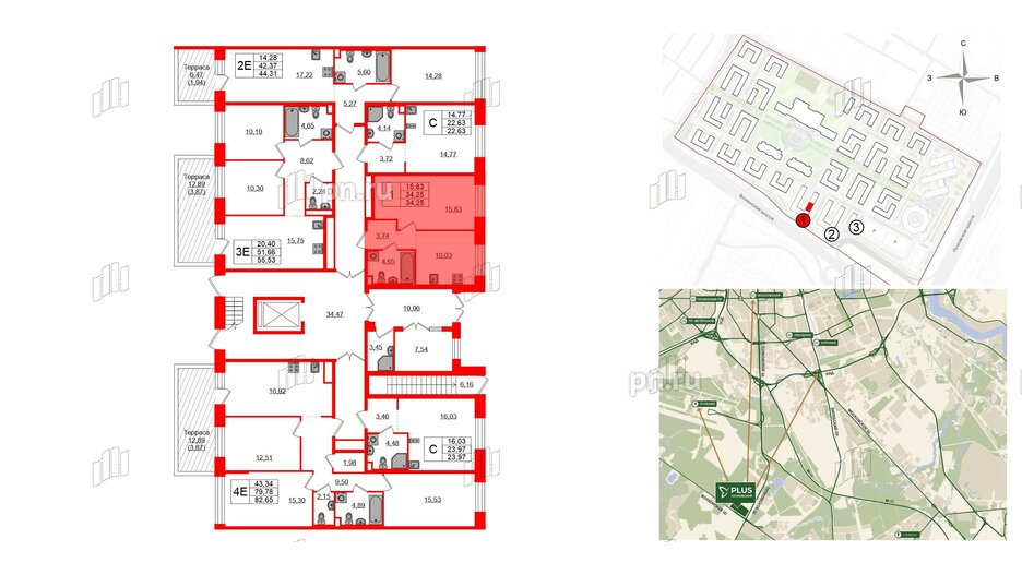 Квартира в ЖК Plus Пулковский, 1 комнатная, 34.25 м², 1 этаж