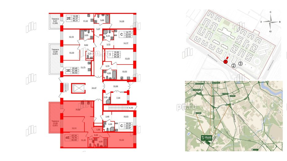 Квартира в ЖК Plus Пулковский, 3 комнатная, 82.65 м², 1 этаж