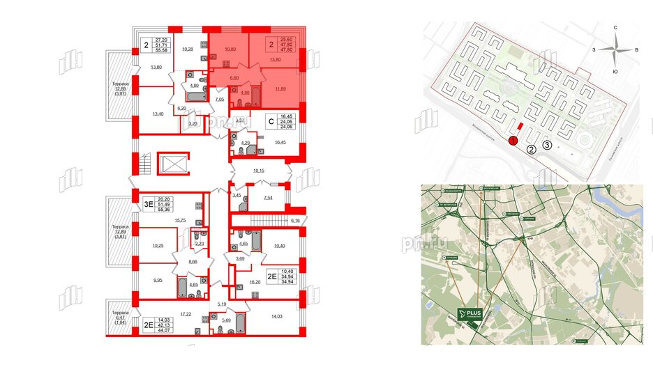 Квартира в ЖК Plus Пулковский, 2 комнатная, 47.8 м², 1 этаж