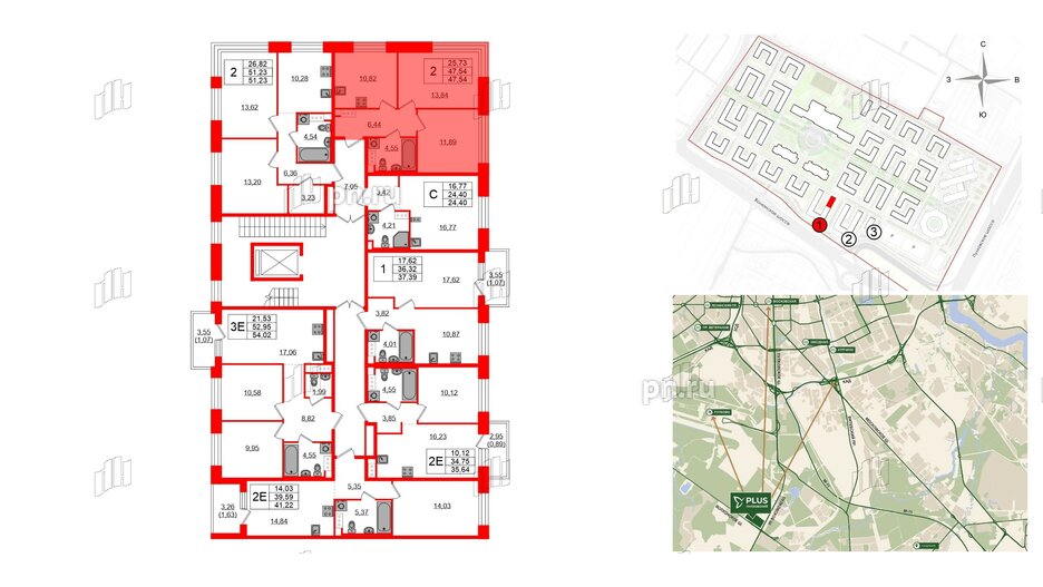 Квартира в ЖК Plus Пулковский, 2 комнатная, 47.54 м², 3 этаж