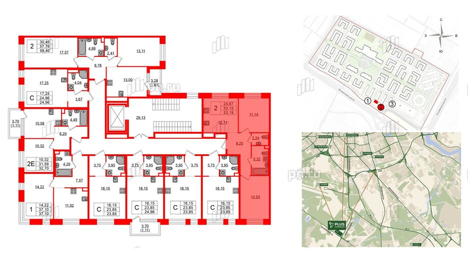 Квартира в ЖК Plus Пулковский, 2 комнатная, 53.19 м², 2 этаж