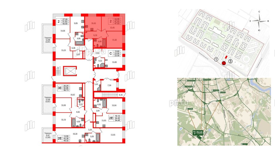 Квартира в ЖК Plus Пулковский, 2 комнатная, 47.03 м², 1 этаж