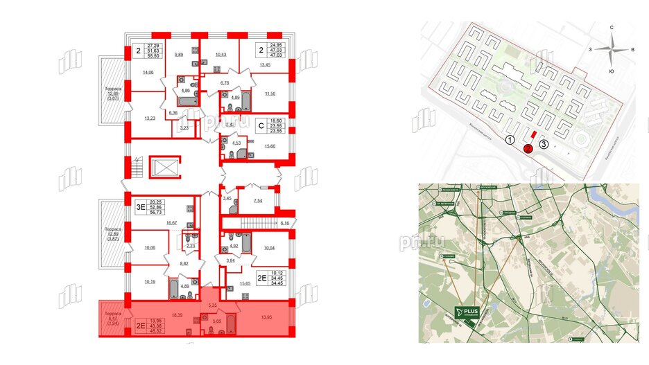 Квартира в ЖК Plus Пулковский, 1 комнатная, 44.88 м², 1 этаж