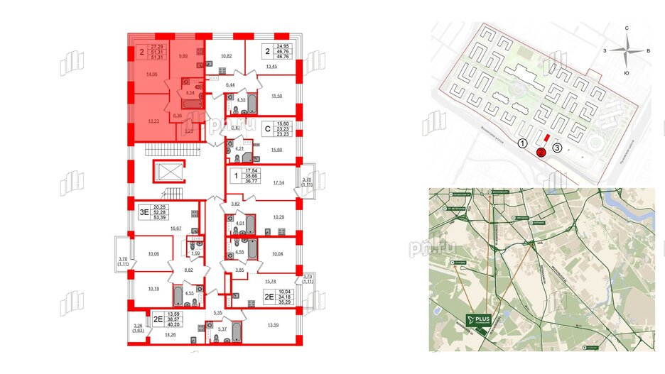 Квартира в ЖК Plus Пулковский, 2 комнатная, 51.31 м², 3 этаж