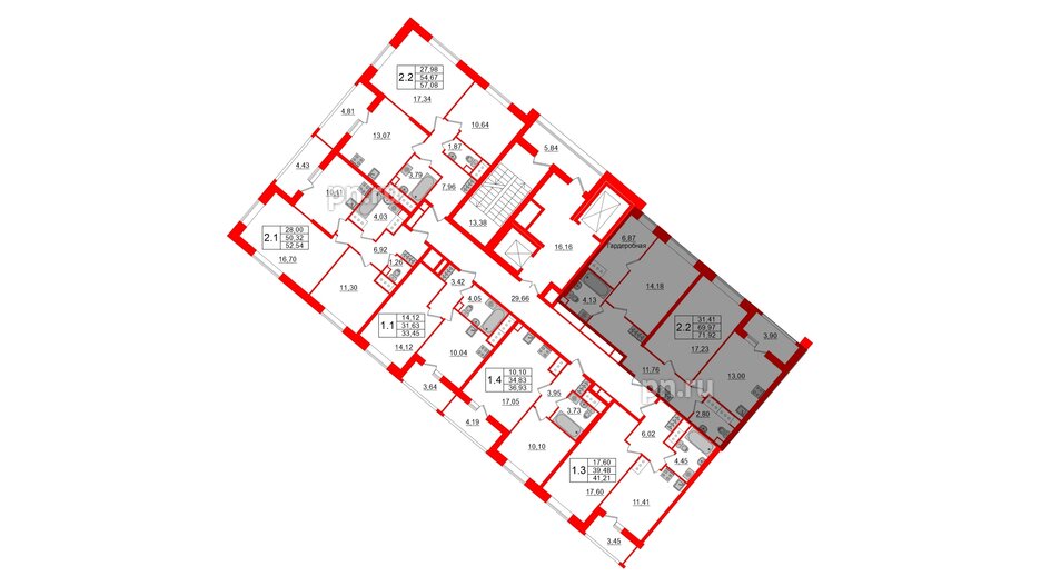 Квартира в ЖК 'Pulse Premier', 2 комнатная, 69.97 м², 21 этаж