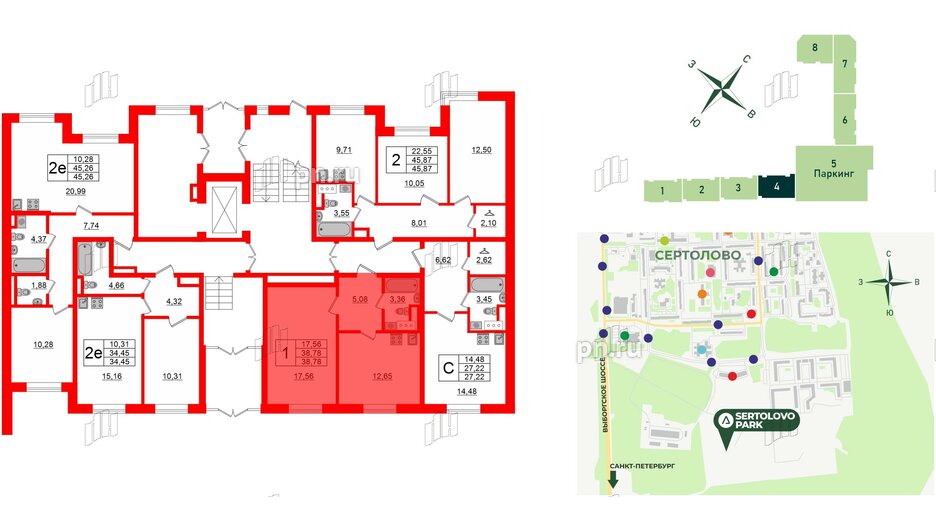 Квартира в ЖК Sertolovo Park, 1 комнатная, 38.78 м², 1 этаж