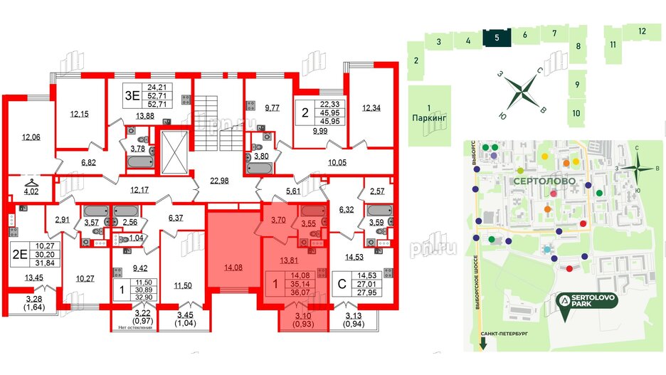 Квартира в ЖК Sertolovo Park, 1 комнатная, 36.07 м², 2 этаж