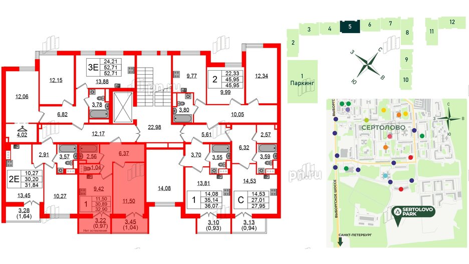 Квартира в ЖК Sertolovo Park, 1 комнатная, 32.9 м², 2 этаж