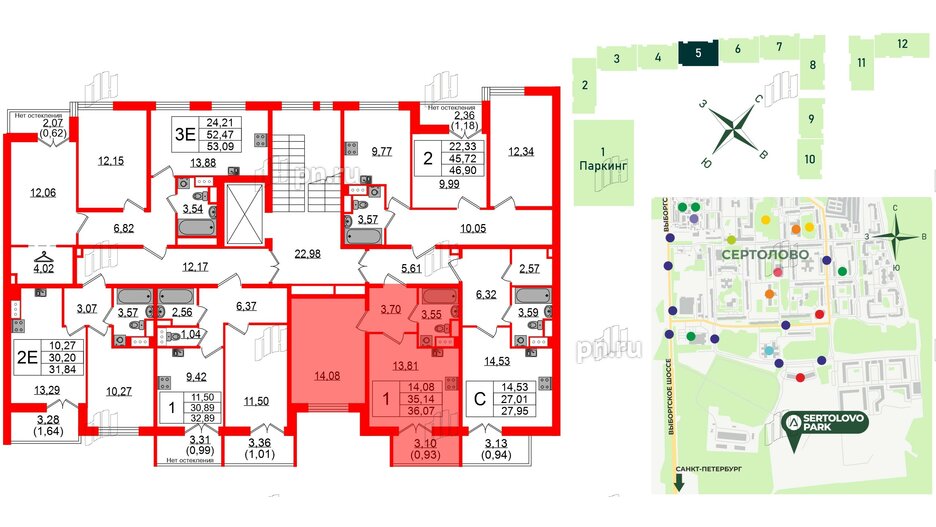 Квартира в ЖК Sertolovo Park, 1 комнатная, 36.07 м², 6 этаж