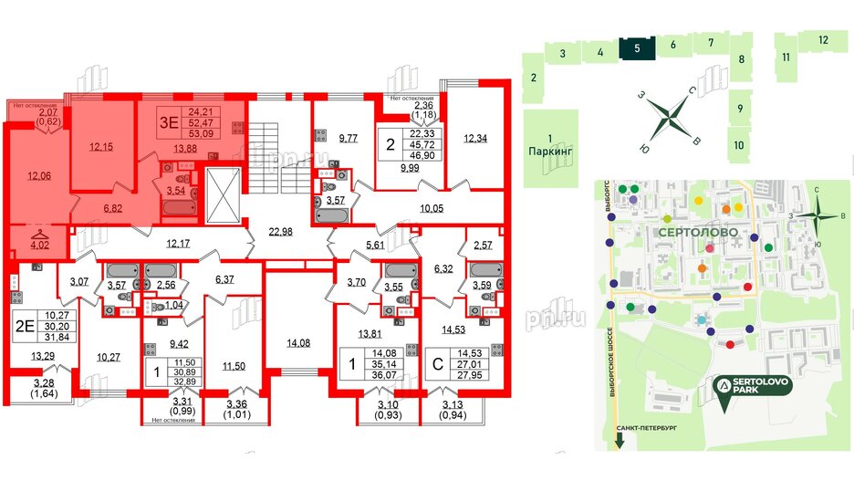 Квартира в ЖК Sertolovo Park, 2 комнатная, 53.09 м², 6 этаж