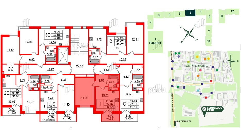 Квартира в ЖК Sertolovo Park, 1 комнатная, 36.07 м², 2 этаж