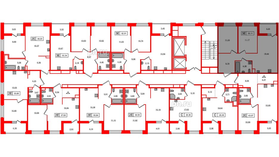 Квартира в ЖК Ultra City 3.0, 2 комнатная, 55.11 м², 2 этаж