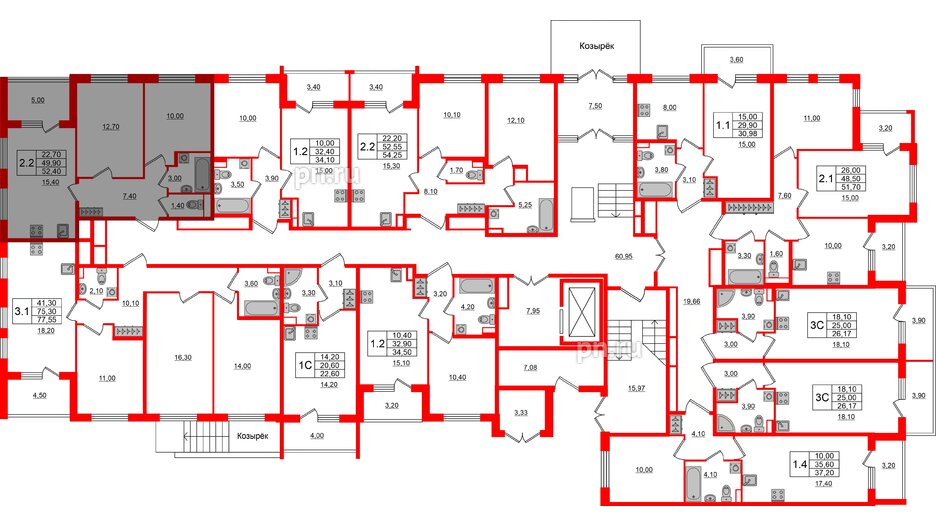 Квартира в ЖК Univer City, 2 комнатная, 49.9 м², 1 этаж