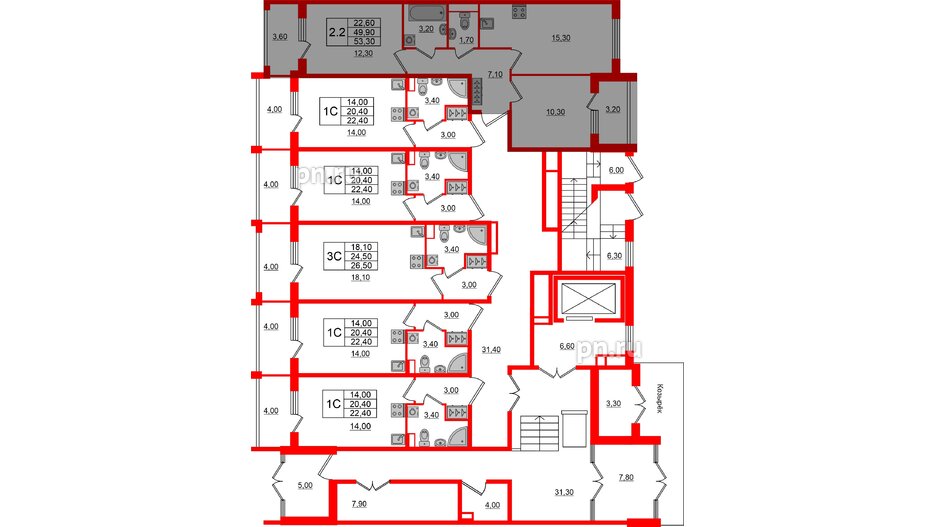 Квартира в ЖК Univer City, 2 комнатная, 49.9 м², 1 этаж