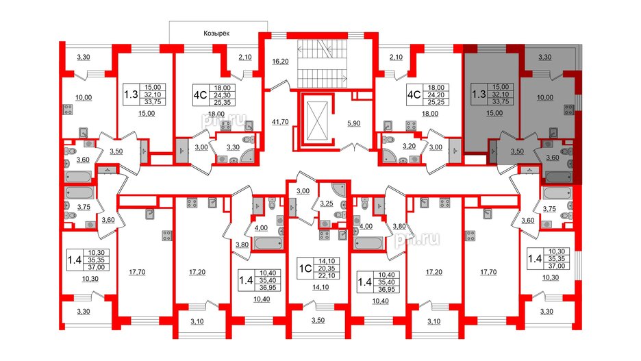 Квартира в ЖК Univer City, 1 комнатная, 32.3 м², 2 этаж