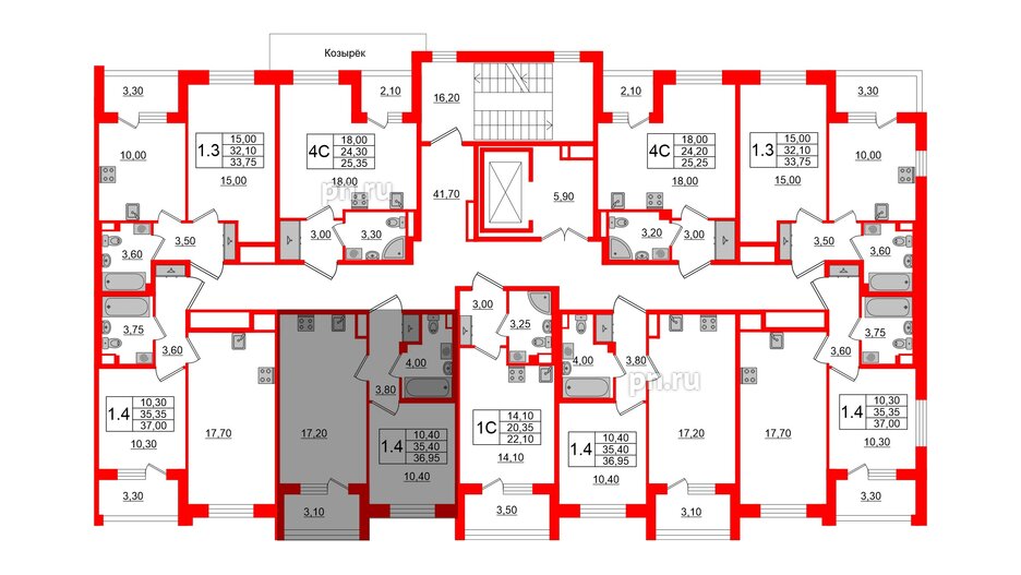 Квартира в ЖК Univer City, 1 комнатная, 34.7 м², 2 этаж