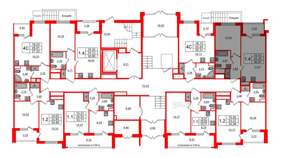 Квартира в ЖК Univer City, 1 комнатная, 35.2 м², 1 этаж