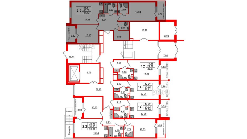 Квартира в ЖК 'Univer City', 2 комнатная, 63.6 м², 1 этаж