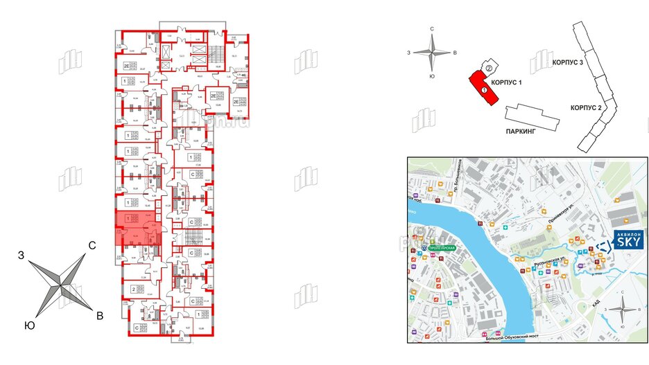 Квартира в ЖК Аквилон Sky, 1 комнатная, 34.7 м², 21 этаж