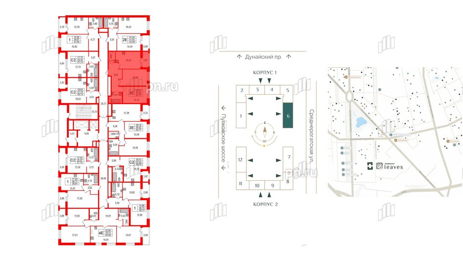 Квартира в ЖК Аквилон Leaves, 2 комнатная, 60.75 м², 12 этаж