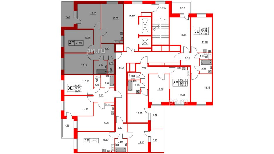 Квартира в ЖК Аквилон Stories, 3 комнатная, 74.8 м², 11 этаж