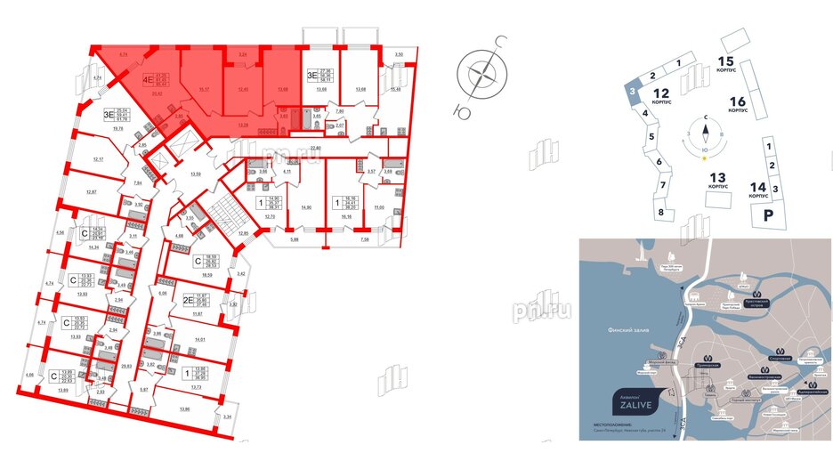 Квартира в ЖК Аквилон ZALIVE, 3 комнатная, 84.9 м², 2 этаж