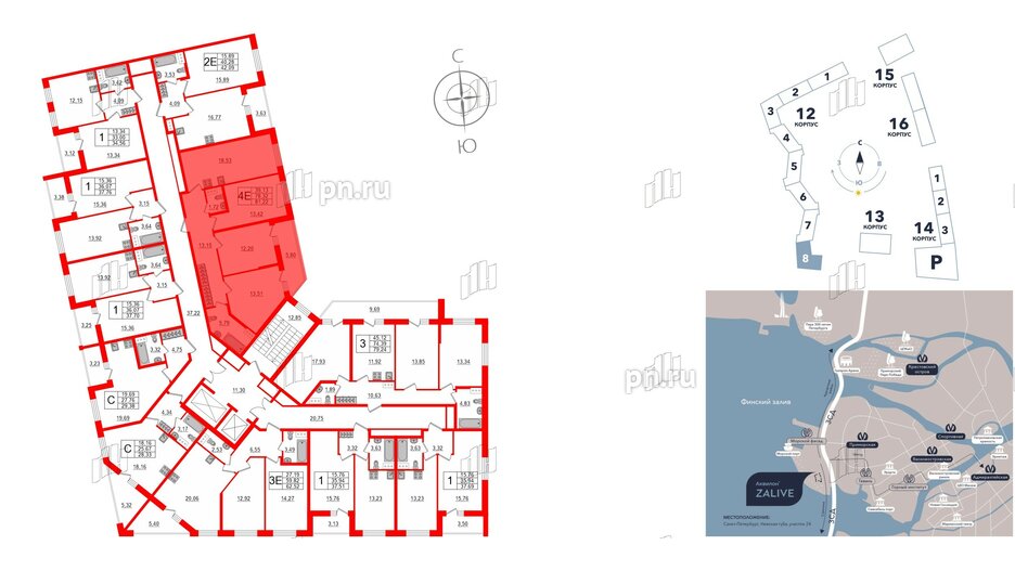 Квартира в ЖК Аквилон ZALIVE, 3 комнатная, 80.9 м², 13 этаж