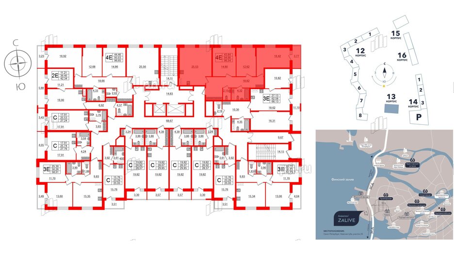 Квартира в ЖК Аквилон ZALIVE, 3 комнатная, 95.1 м², 6 этаж