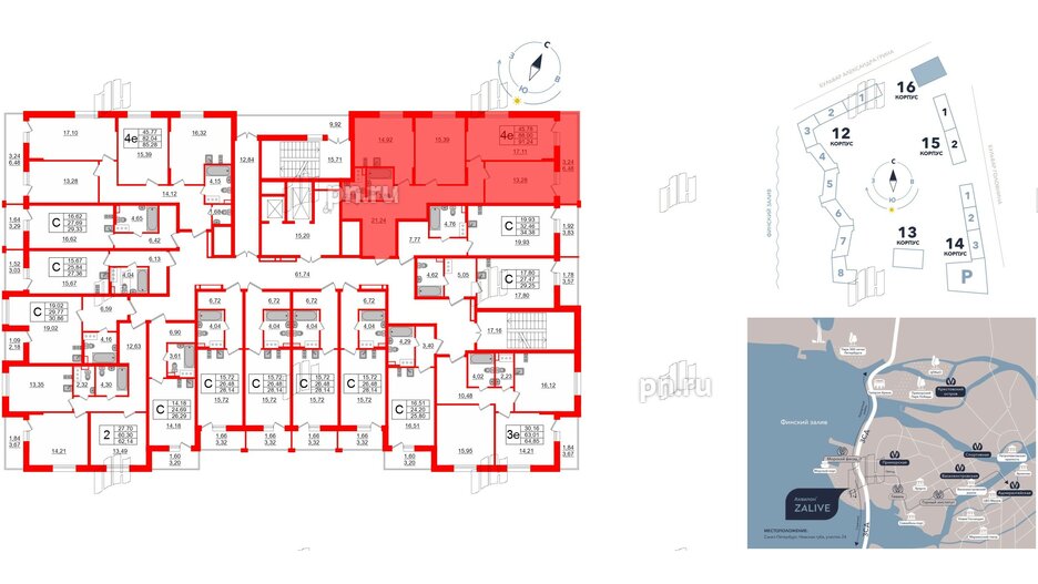 Квартира в ЖК Аквилон ZALIVE, 3 комнатная, 91.24 м², 5 этаж