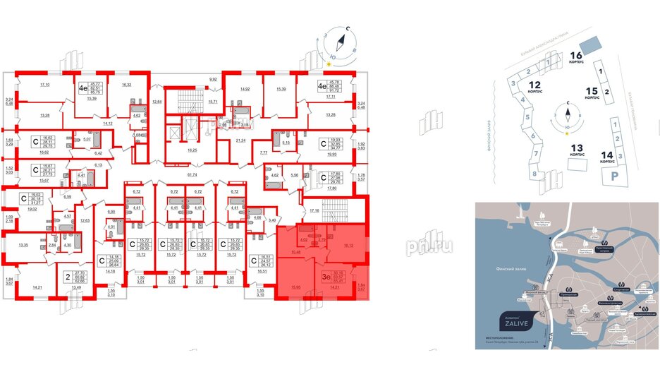 Квартира в ЖК Аквилон ZALIVE, 2 комнатная, 65.41 м², 3 этаж