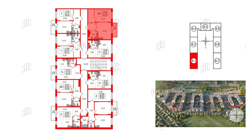 Квартира в ЖК «Аннино Сити», 1 комнатная, 42.23 м², 2 этаж