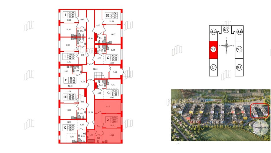 Квартира в ЖК «Аннино Сити», 2 комнатная, 58.38 м², 1 этаж