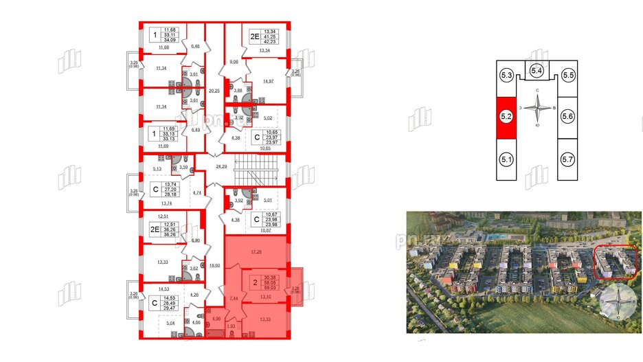 Квартира в ЖК «Аннино Сити», 2 комнатная, 59.03 м², 3 этаж