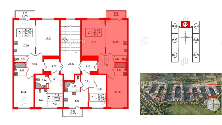 Квартира в ЖК «Аннино Сити», 2 комнатная, 63.01 м², 2 этаж