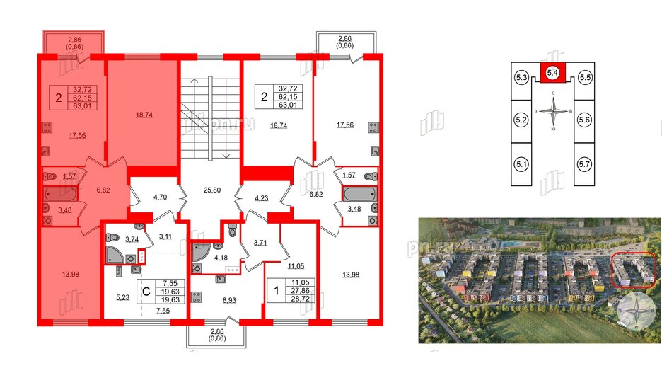 Квартира в ЖК «Аннино Сити», 2 комнатная, 63.01 м², 2 этаж