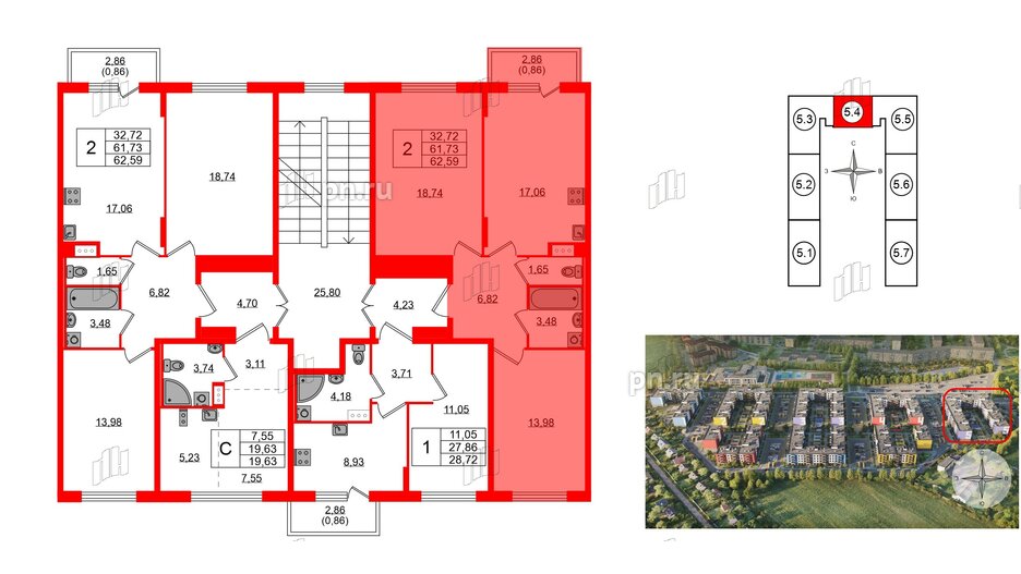 Квартира в ЖК «Аннино Сити», 2 комнатная, 62.59 м², 4 этаж