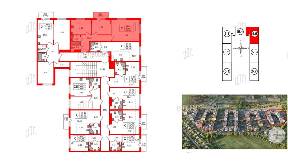 Квартира в ЖК «Аннино Сити», 2 комнатная, 61.9 м², 4 этаж