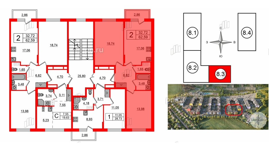 Квартира в ЖК «Аннино Сити», 2 комнатная, 62.59 м², 3 этаж