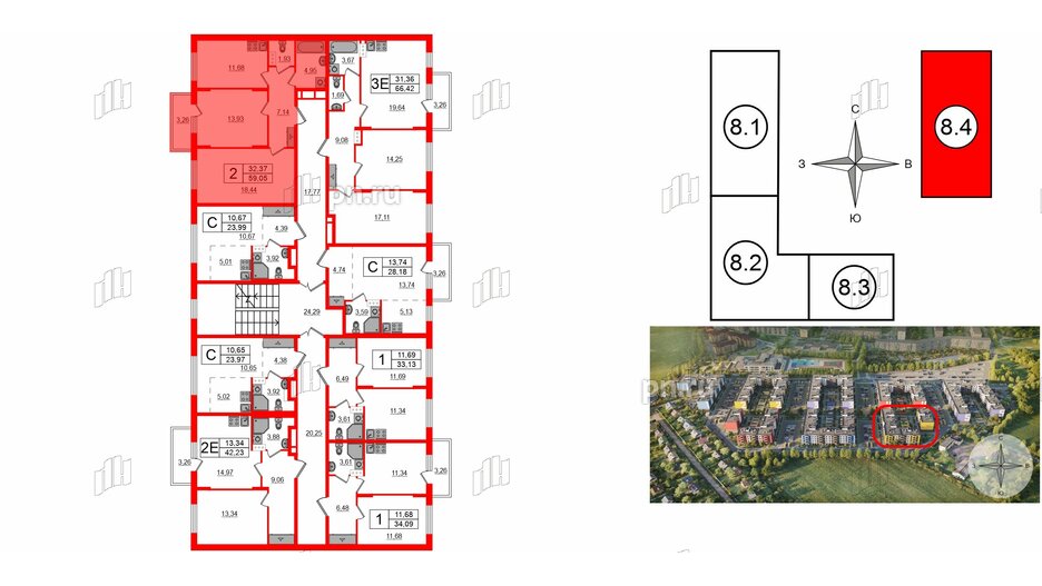 Квартира в ЖК «Аннино Сити», 2 комнатная, 59.05 м², 3 этаж