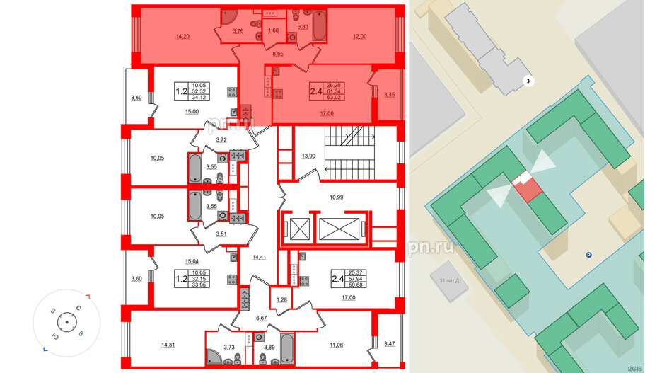 Квартира в ЖК Астра Континенталь, 2 комнатная, 61.34 м², 8 этаж