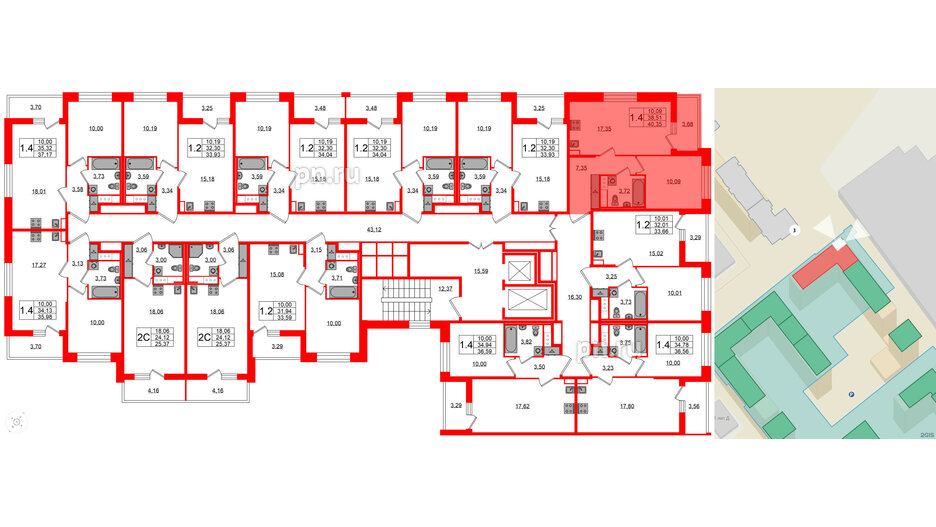 Квартира в ЖК Астра Континенталь, 1 комнатная, 38.51 м², 3 этаж