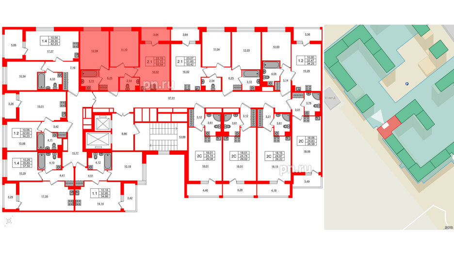 Квартира в ЖК Астра Континенталь, 2 комнатная, 51.72 м², 2 этаж
