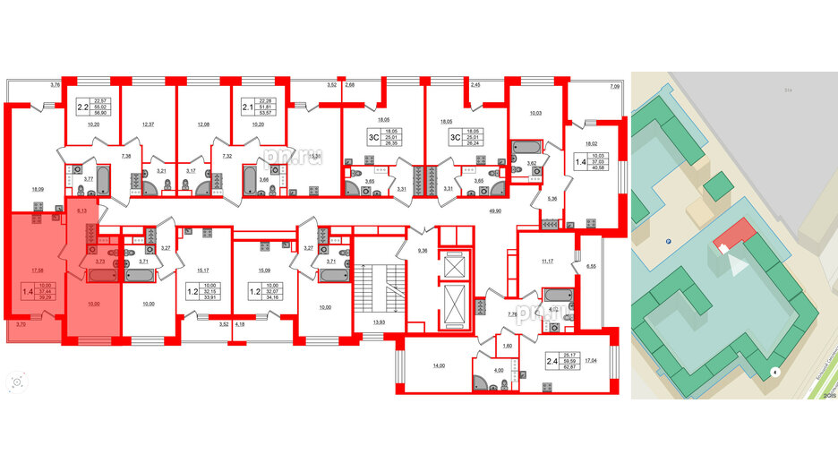 Квартира в ЖК Астра Континенталь, 1 комнатная, 37.44 м², 11 этаж