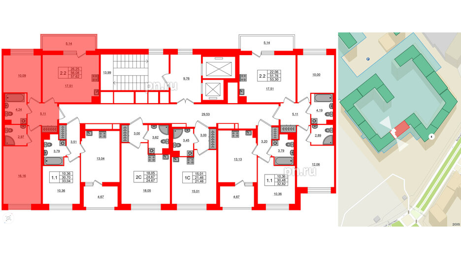 Квартира в ЖК Астра Континенталь, 2 комнатная, 56.08 м², 2 этаж