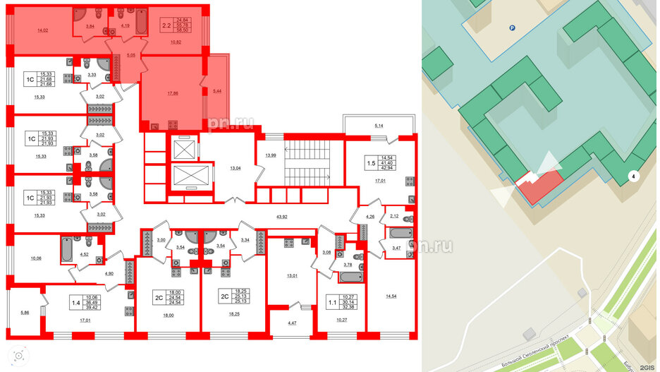 Квартира в ЖК Астра Континенталь, 2 комнатная, 55.78 м², 2 этаж