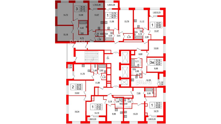 Квартира в ЖК БелАРТ, 3 комнатная, 67.1 м², 19 этаж