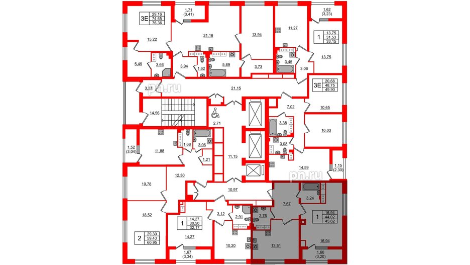 Квартира в ЖК БелАРТ, 1 комнатная, 45.72 м², 21 этаж