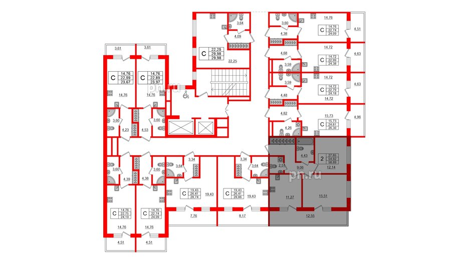 Апартаменты в ЖК Берег. Курортный, 2 комнатные, 58.69 м², 2 этаж